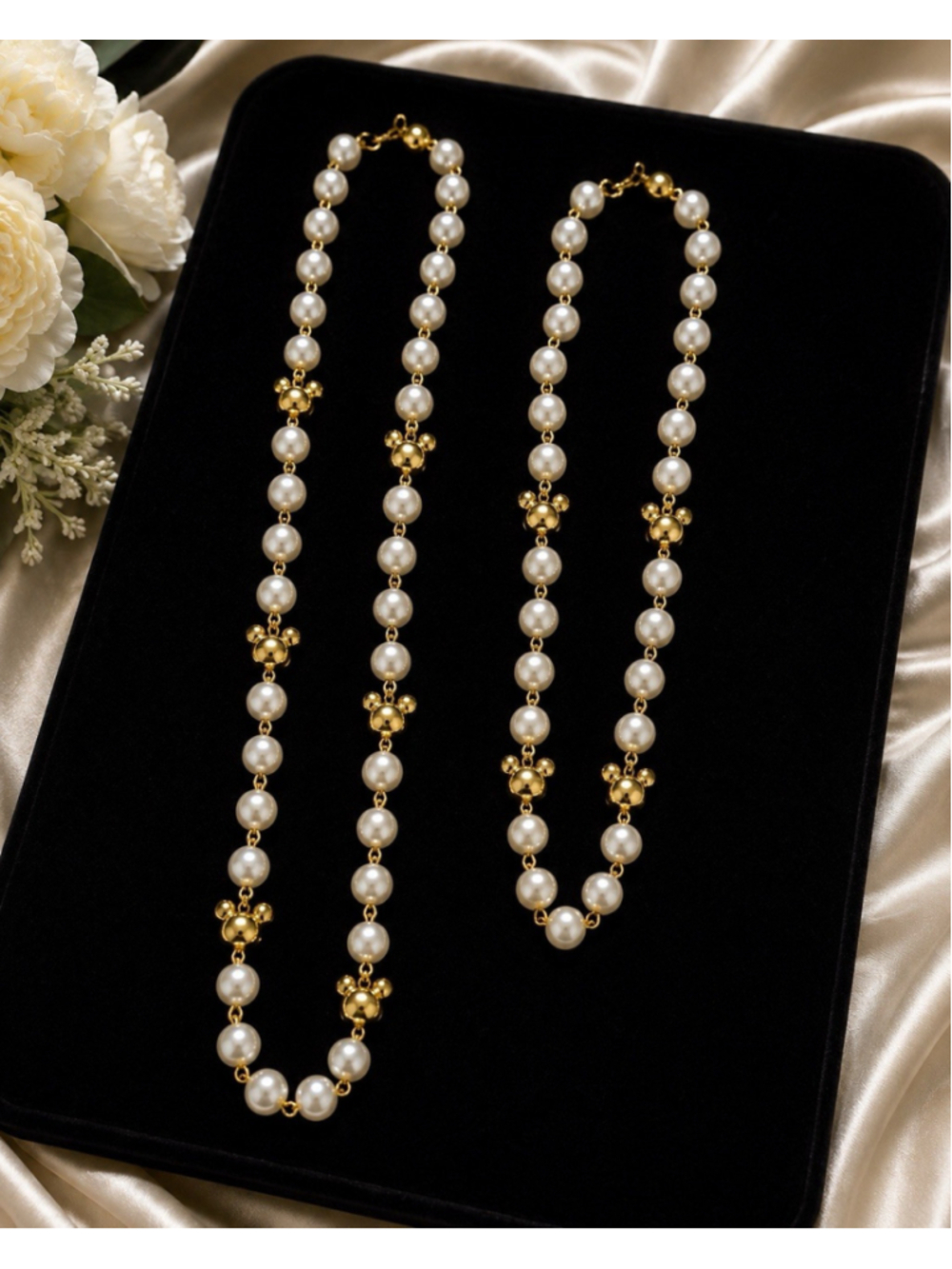 Vintage Napier Disney Mickey Mouse Faux Pearl Gold Tone Necklace Set 11.5” 14.5” - Picture 3 of 4